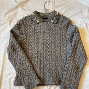 Zara Gray Cable Knit Sweater with Embellished Neckline